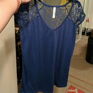 Lace shoulder and back royal blue tee
